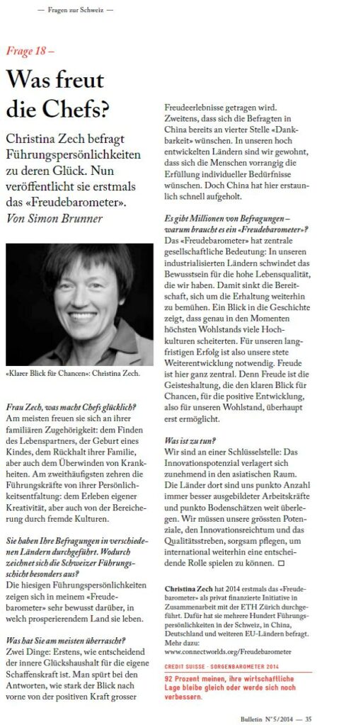 Christina Zech - Glückscoach und Gesellschaftscoach - Interview im Bulletin der Credit Suisse 2014