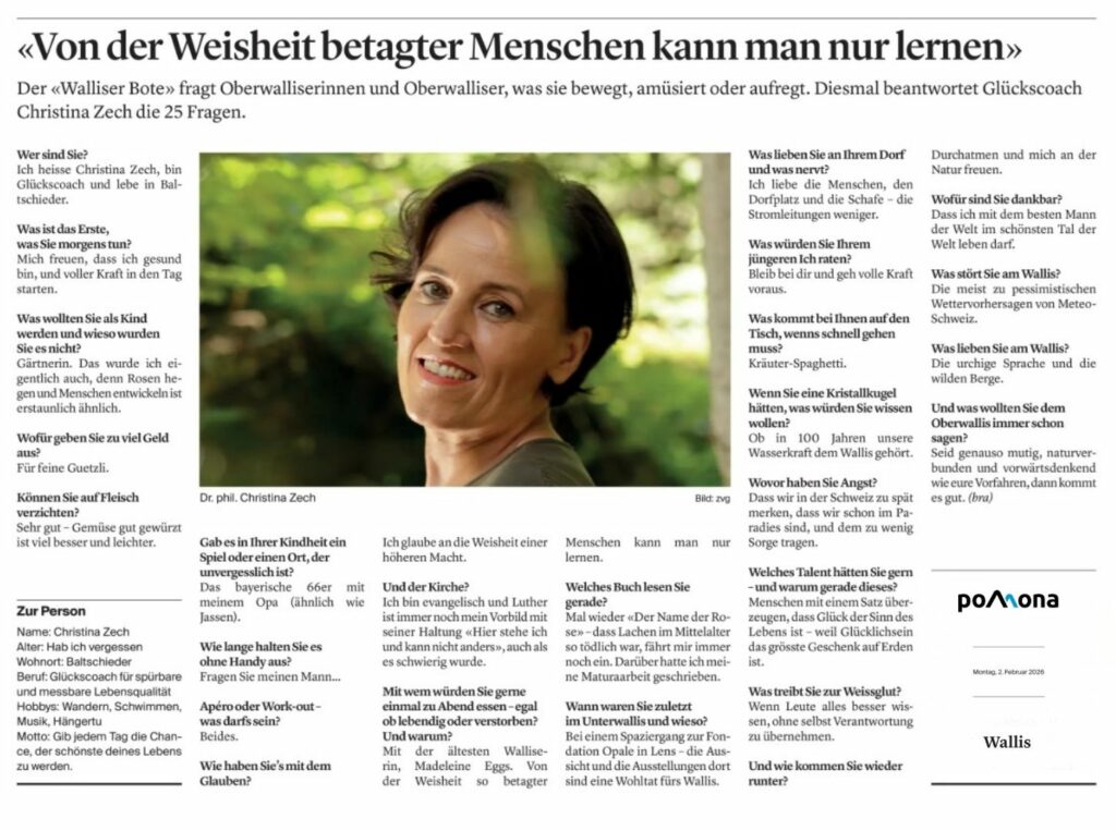 Christina Zech, Glückscoach Interview im Walliser Bote vom 2.1.26